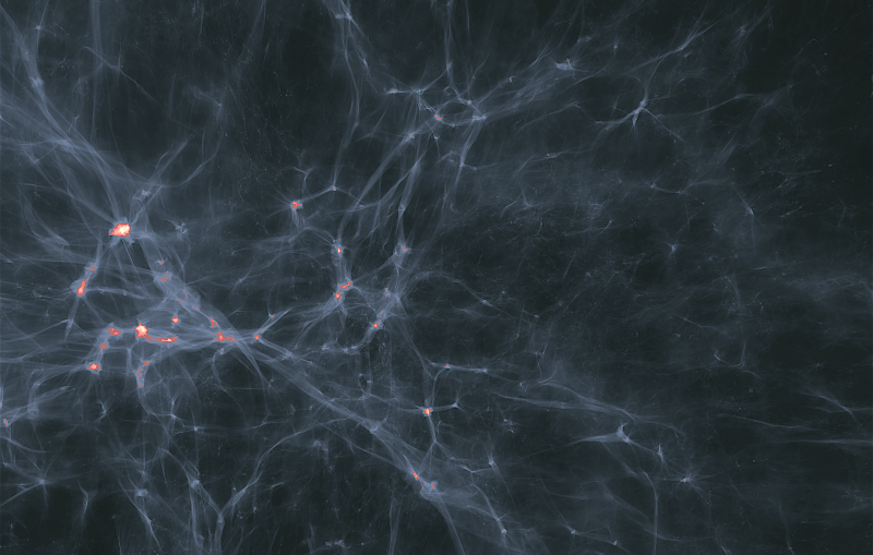Simulation and visualization of the evolution of dark matter in the universe.