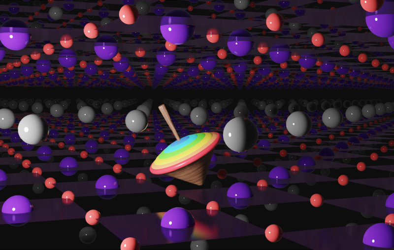 A brightly colored top is seen spinning between two layers of gray, purple and red spheres representing atoms in a nickel oxide superconductor.  The top represents a fundamental particle called a muon.