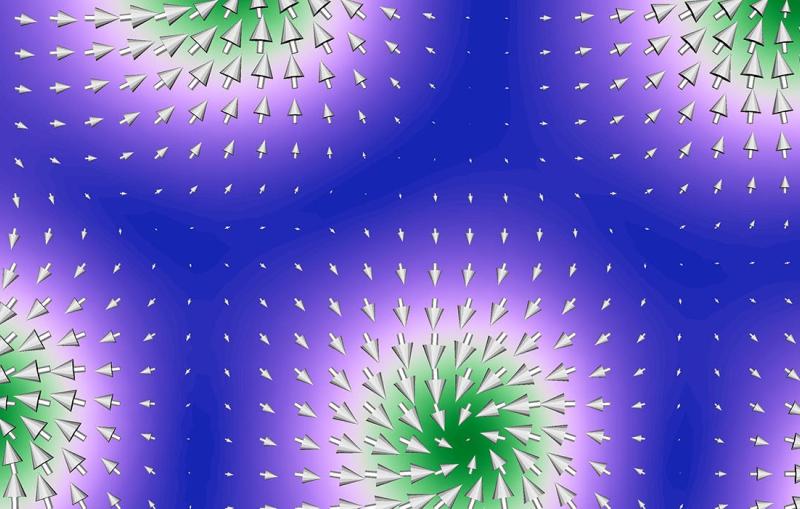 Illustration of skyrmions -- little whirlpools of magnetism formed by the spins of atoms.