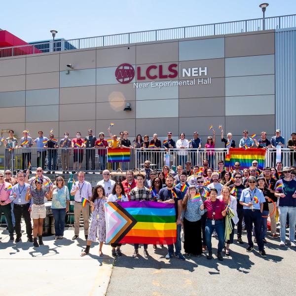 SLAC Pride photo taken outside of the near experimental hall at the Linac Coherent Light Source.