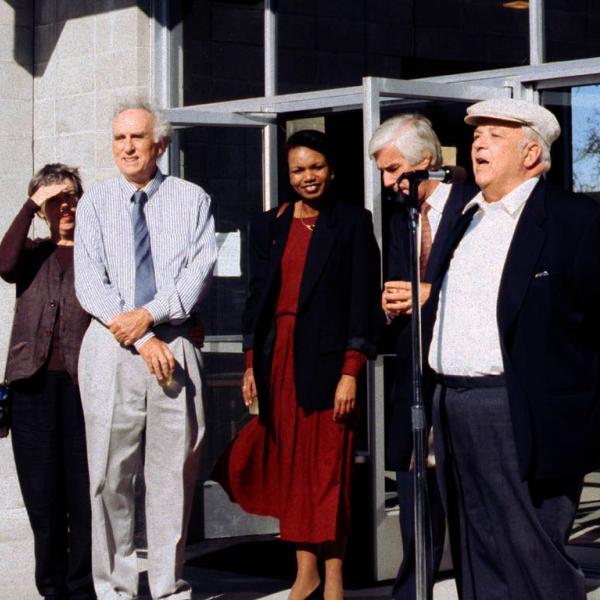 Martin Perl, Condoleezza Rice, Gerhard Casper, and Burt Richter can be seen in this photo from October of 1995.