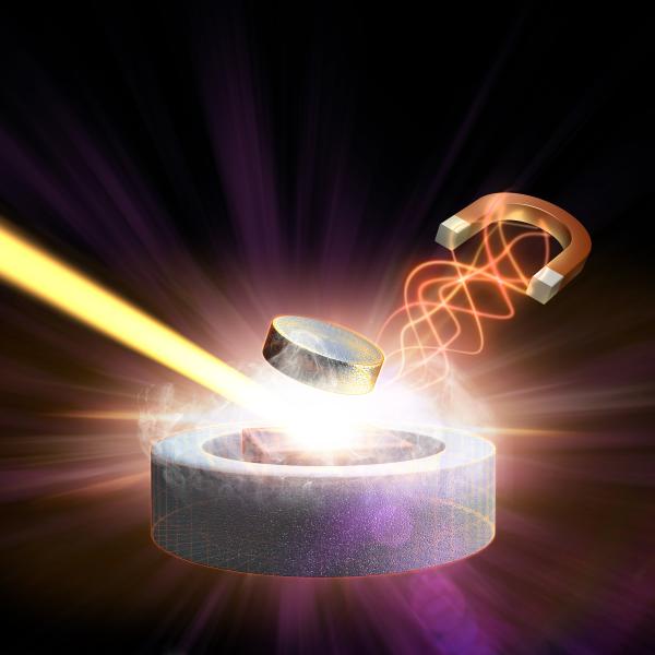 Image - In this artistic rendering, a magnetic pulse (right) and X-ray laser light (left) converge on a superconductor material to study the behavior of its electrons. (SLAC National Accelerator Laboratory)
