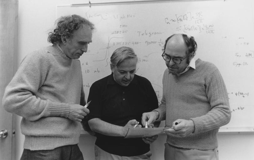 Martin Perl, Burt Richter and Berkeley Lab’s Gerson Goldhaber after psi particle discovery, 1974