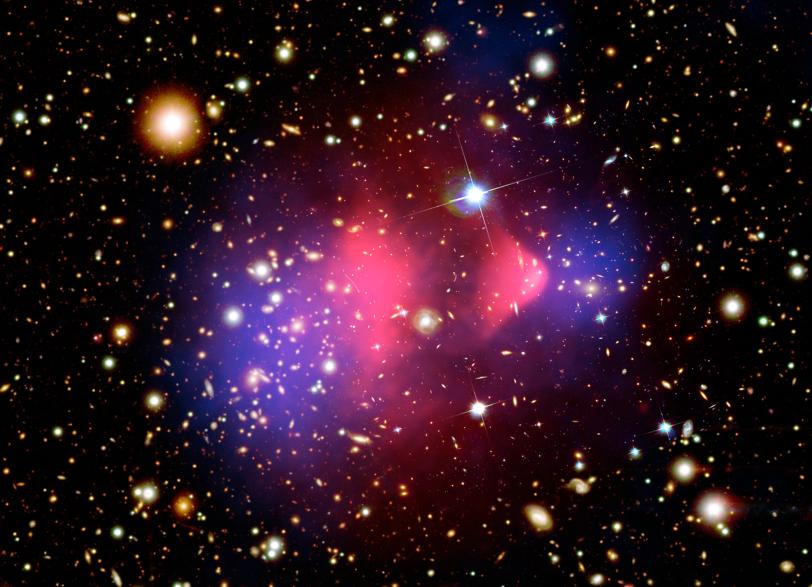 This composite image shows the galaxy cluster 1E 0657-56, also known as the "bullet cluster." 