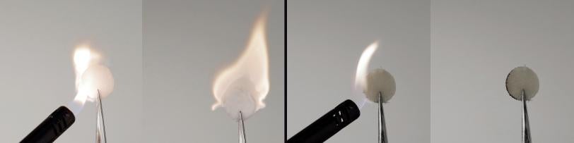 Standard battery materials catch fire when exposed to flame, but a new material does not.