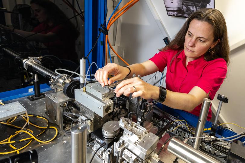 SLAC scientist Johanna Nelson Weker works on a beam line inside of SSRL that focuses on battery research.