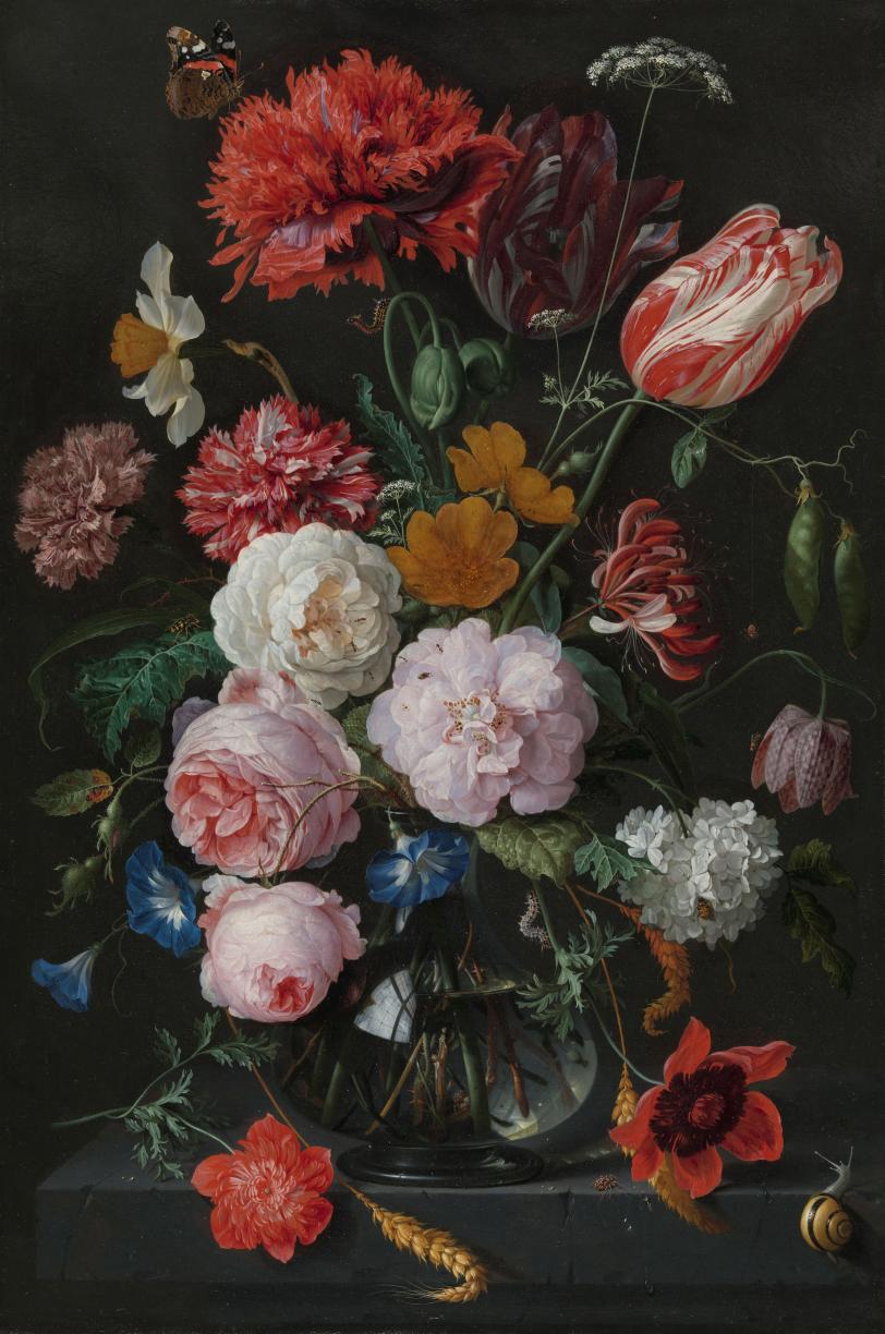 This image shows De Heem's 17th century painting, “Still Life with Flowers in a Glass Vase."