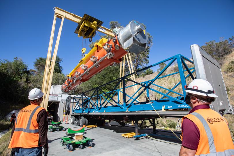 This is a photograph of a cryomodule being installed at SLAC.