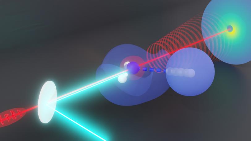 Red and blue laser beams strike a sample. 