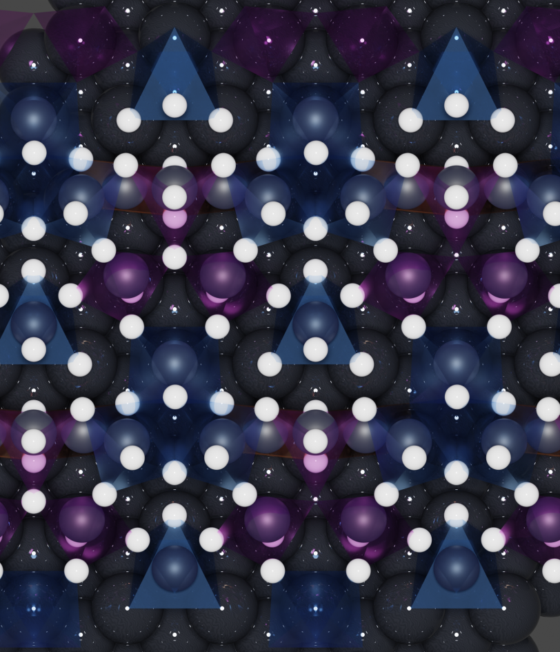 White dots on a black background, with additional purple and blue dots and purple triangles connecting them.