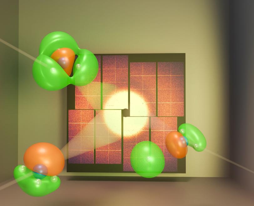 An illustration of X-rays scattering off the valence electrons surrounding ammonia molecules and getting captured on a detector.
