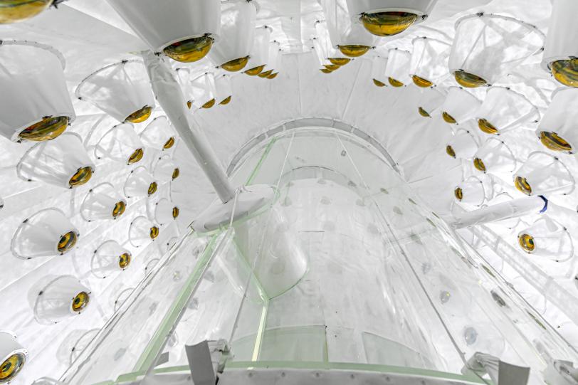 View looking up into white, translucent curved panels with multiple orange circular components arranged radially.