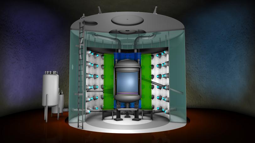 3D rendering cutaway view of cylindrical structure with teal outer walls, bright green interior panels, central gray component with blue window-like feature.