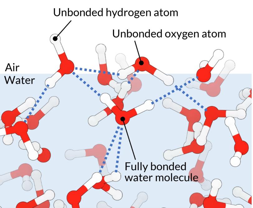 Diagram showing red and white molecular structures with blue dotted lines connecting them across a light blue horizontal band labeled Air-Water.