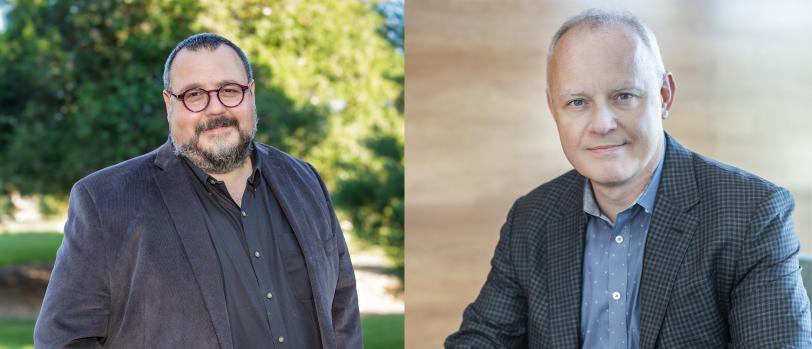 One man standing in left photo; one man sitting in right photo