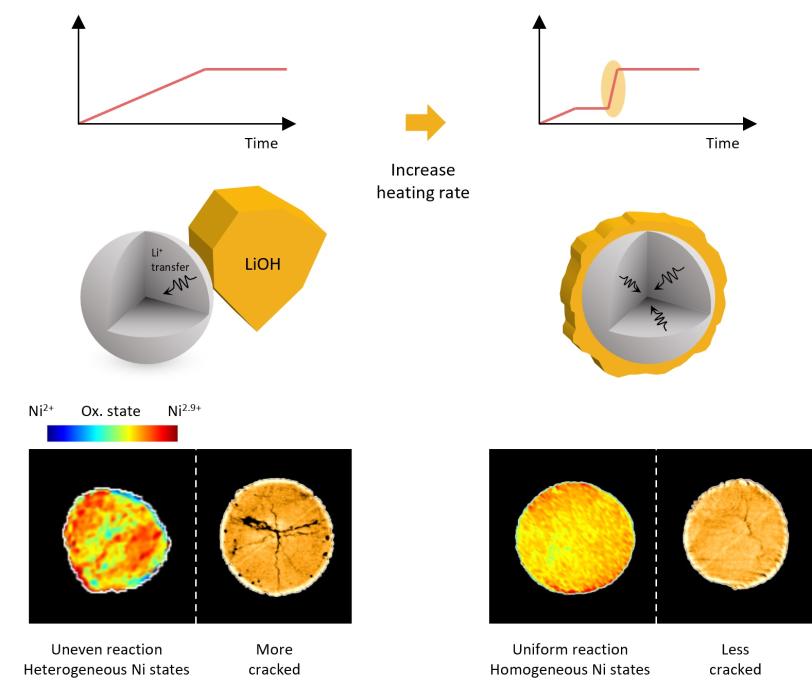 Two line graphs showing curves over time, yellow arrow pointing right labeled "Increase heating rate," 3D models of gray sphere with wedge and yellow crystal labeled "LiOH," yellow-coated sphere, and bottom panels showing rainbow-colored circular heat map next to cracked orange circle, labeled "Uneven reaction, Heterogeneous Ni states, More cracked."