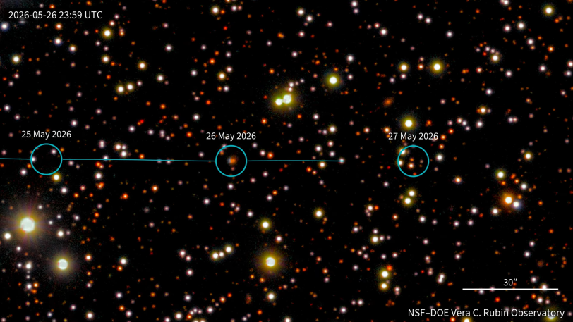 video stillframe shows the orbital pathway of newly discovered dwarf planet candidate 2026 ED138
