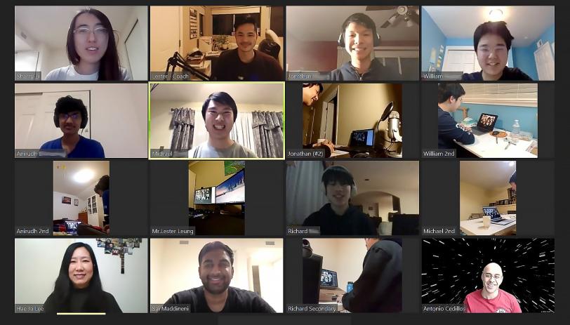 A screenshot of competitors and volunteers in a video conference call.
