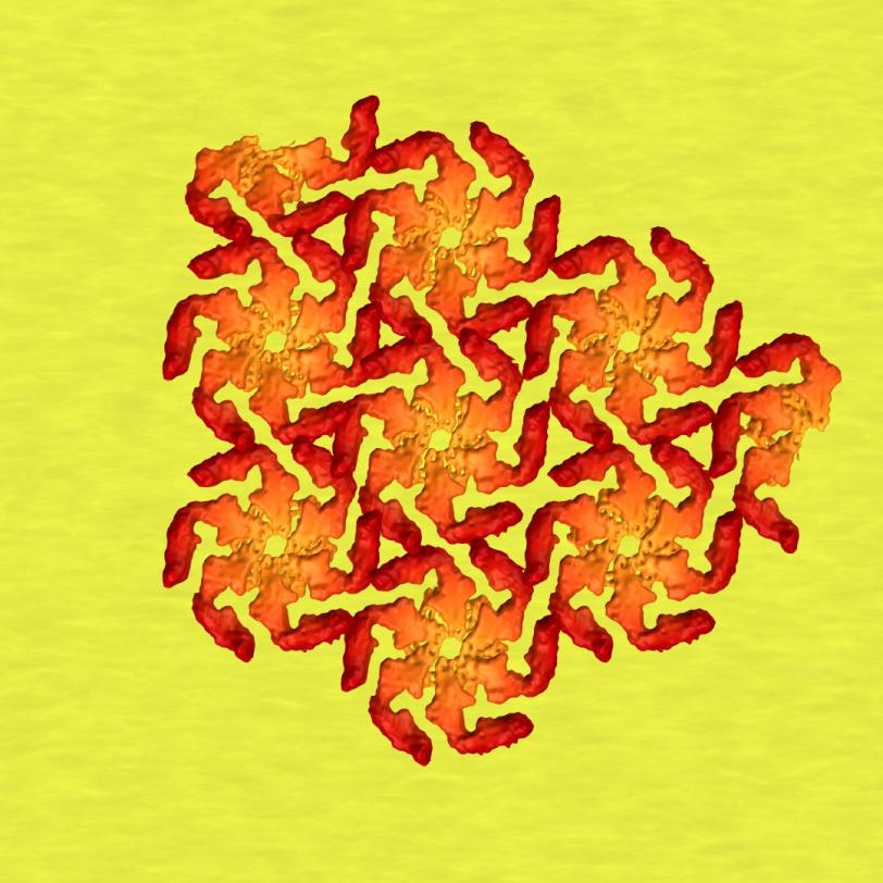 This illustration zooms in to show six-sided protein crystal tiles forming at top left and far right.