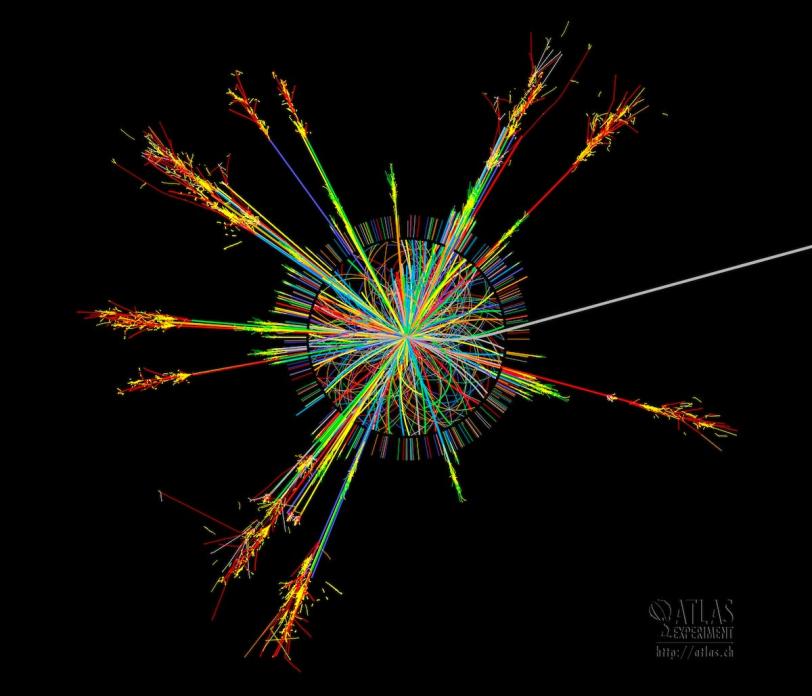 A rainbow burst depicting a simulated black hole event in ATLAS detector