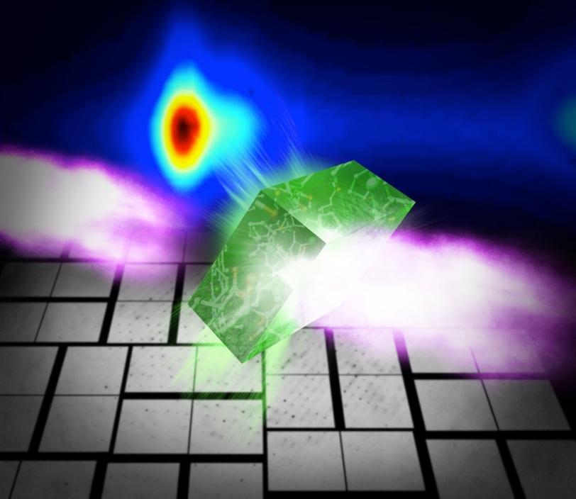 This artist’s rendering shows a Photosystem II crystal hit by a femtosecond X-ray pulse.