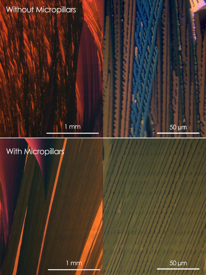 Cross-polarized optical micrograph comparing a sample of an organic semiconducting film created without micropillars (top) and with micropillars (bottom).