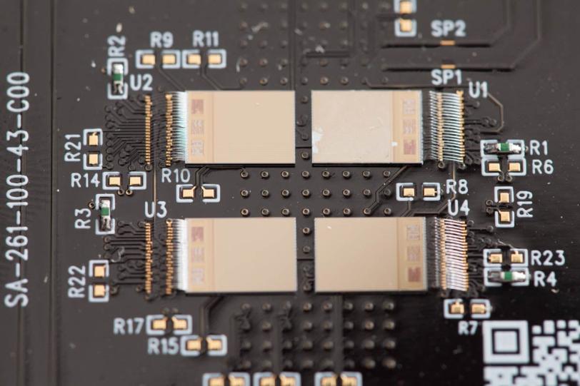 Four ePix100 prototype chips bonded in a test setup. (Brad Plummer/SLAC)