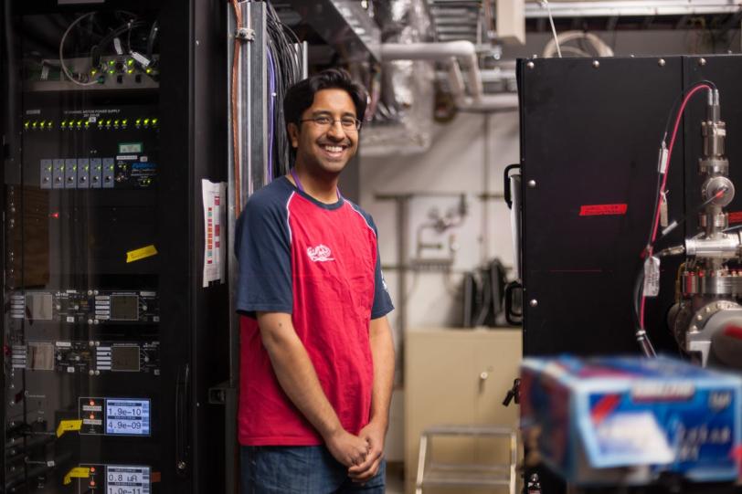Photo - Ankush Mitra, engineering physicist for the SXR instrument at LCLS, in the SXR hutch. (Matt Beardsley)