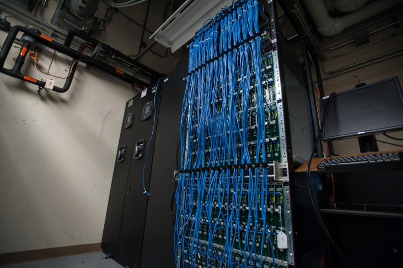 Photo - A high-density, hyper-efficient, 40-teraflop computing rack built by Silicon Valley startup Clustered Systems and loaned to LCLS and the SUNCAT Center for Interface Science and Catalysis.