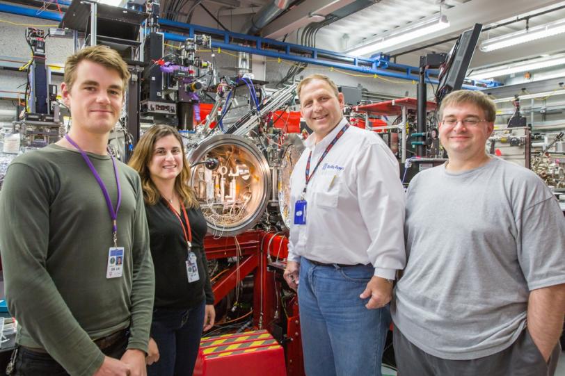 Photo - Some of the members of a Rolls-Royce-led team at SLAC's LCLS explore shocked titanium and titanium alloys. From left: Tom Swinburne, Despina Miathianakis, Michael C. Glavicic, Garth Williams (Fabricio Sousa/SLAC)