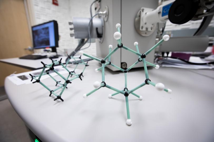 Ball-and-stick models of diamondoid atomic structures in the SIMES lab at SLAC