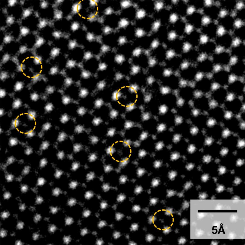 This electron microscope image of a molybdenum sulfide catalyst shows “holes” left by removing sulfur atoms.