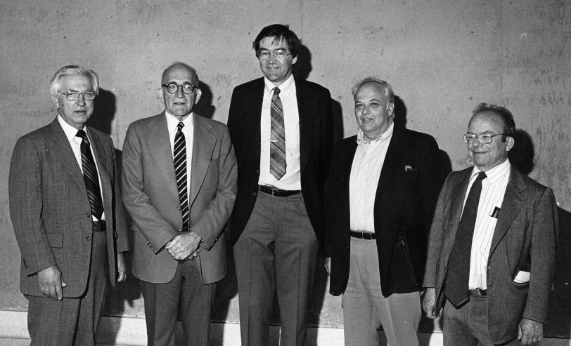 Photo of James Bjorken and others at SLAC 20th Anniversary Conference