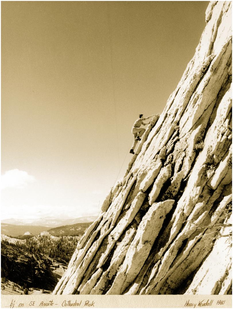 Photo of James Bjorken climbing Cathedral Peak in Yosemite.