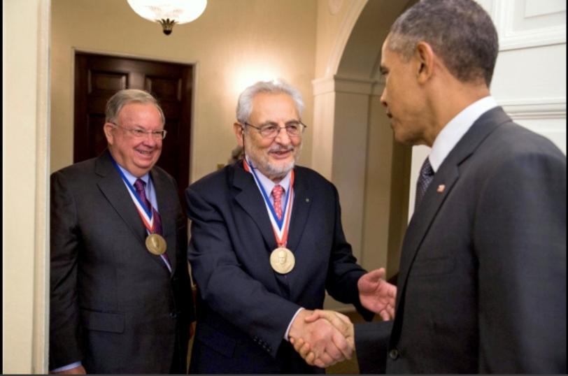 Image - Charles "Chuck" Shank, left, and Claudio Pellegrini, the latest recipients of the Enrico Fermi Award, meet with President Obama on Tuesday. (Pete Souza/Official White House Photo)