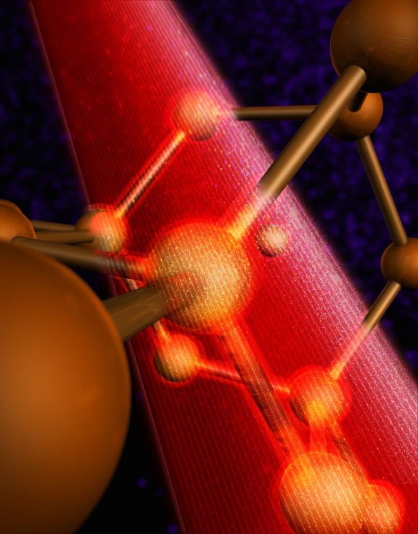 Image showing laser beam energizing atoms in crystal lattic