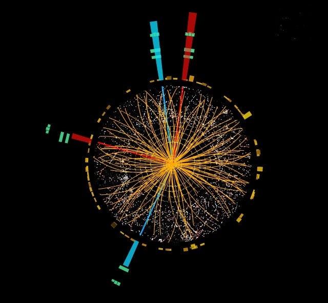 ATLAS event display of a Higgs to four electrons candidate event. (courtesy CERN)