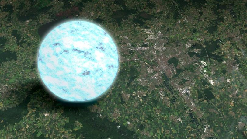 A neutron star superimposed over the city of Hannover, Germany.