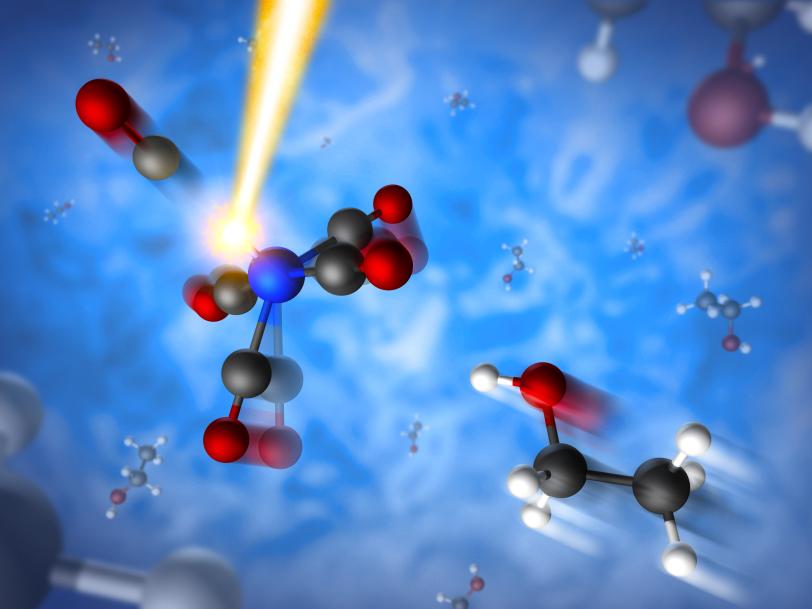 IMAGE - Artistic rendering of a molecule severed by laser light, with a separate molecule (bottom right) from a solvent rushing in to bond with the just-split molecule. (SLAC National Accelerator Laboratory)