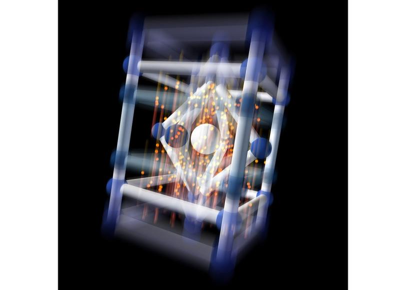 artist's conception depicts the sudden contraction and elongation experienced by the unit cell of the ferroelectric material lead titanate as an intense pulse of violet light hits it