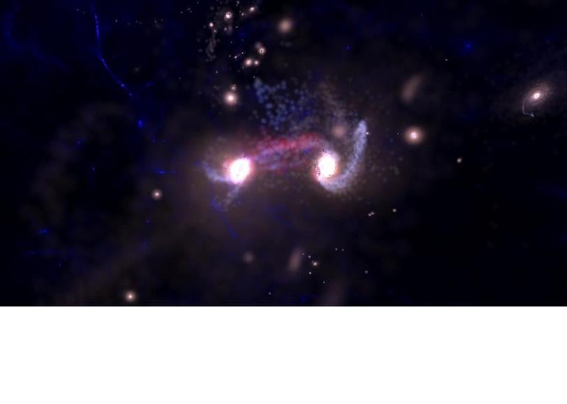 Visualization of galaxies merging (Visualization: Ralf Kaehler (KIPAC/SLAC) and Tom Abel (KIPAC/Stanford)) 