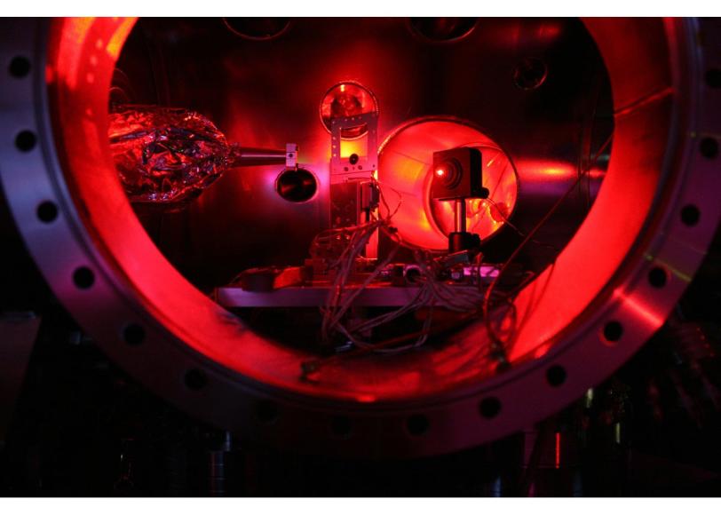 The interior of an LCLS chamber set up for an investigation into hot, dense matter.