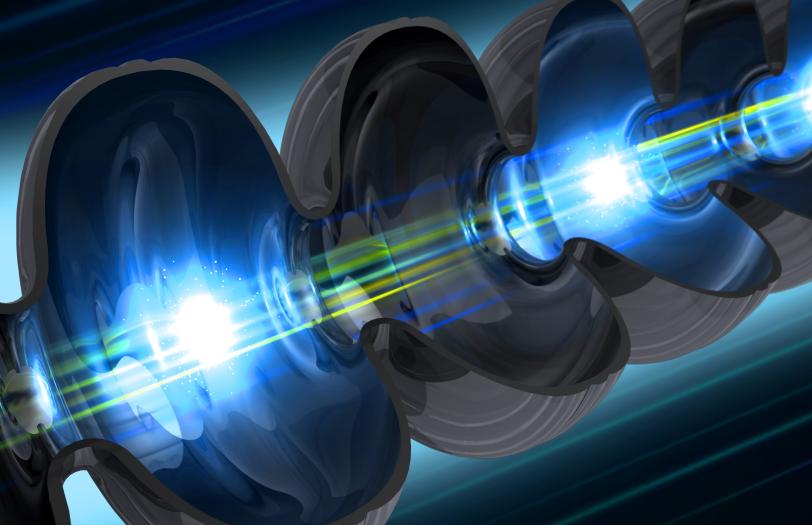 Illustration of an electron beam traveling through a niobium cavity.