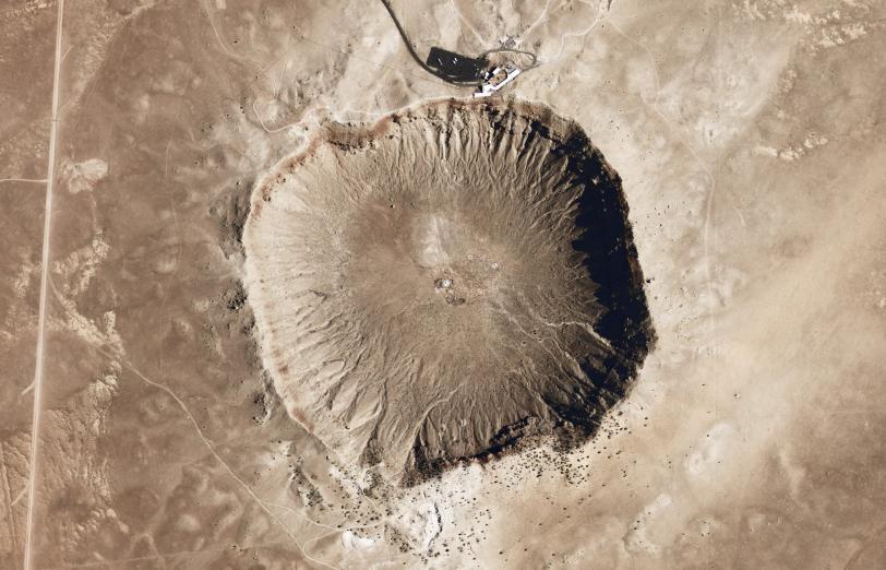 Image - Meteor Crater, formed by a meteorite impact 50,000 years ago in Arizona, produced a hard, compressed form of silica known as stishovite. Researchers measured the transformation of a fused silica glass into stishovite using SLAC's X-ray laser.