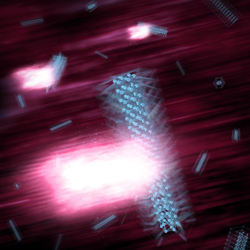 Image - In this illustration, intense X-rays produced at SLAC's Linac Coherent Light Source strike nanowires to study an ultrafast "breathing" response in the crystals induced quadrillionths of a second earlier by pulses of optical laser light.