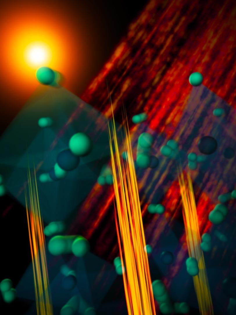 Illustration of what happens when simulated sunlight hits perovskite