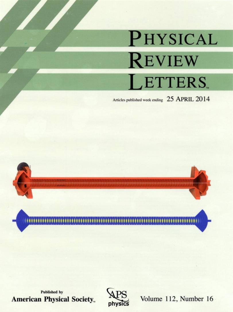 Image - This cover image for the April 25 issue of Physical Review Letters features renderings of SLAC's microwave undulator. (Physical Review Letters, 10.1103/PhysRevLett.112.164802)