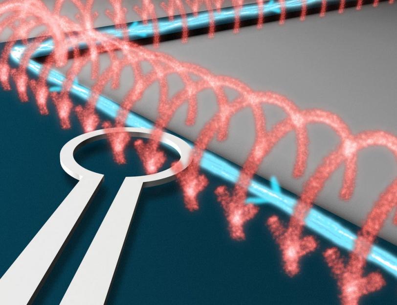 This graphic depicts the tiny loop of a scanning SQUID, or superconducting quantum interference device  (silver), which detects magnetic fields (red) created by an edge current (blue) in a topological insulator. (Greg Stewart)