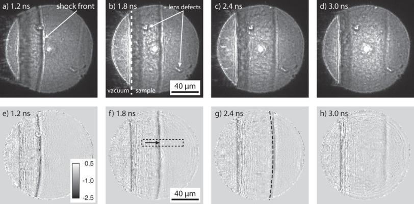 Image - This sequence of phase-contrast images (a-d) shows a shock wave passing through diamond. The time delay after the start of the shock wave is displayed in nanoseconds (“ns”) for each image. Images e-h are enhanced. (SLAC)