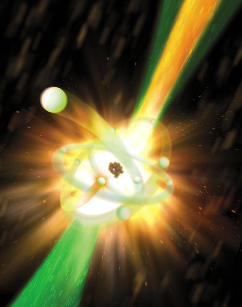 Image - An X-ray pulse at SLAC's Linac Coherent Light Source strikes a neon atom, causing electrons to reshuffle and then re-emit light at a slightly different X-ray wavelength, and also stimulating a chain reaction of amplified light in neighboring atoms